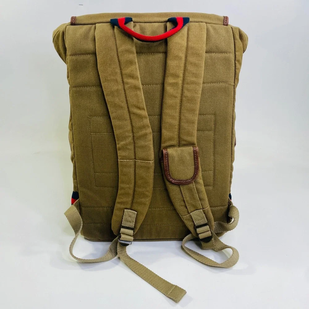 Tommy Hilfiger Canvas Rucksack Backpack Khaki Tan Brown Leather Trim Laptop Bag